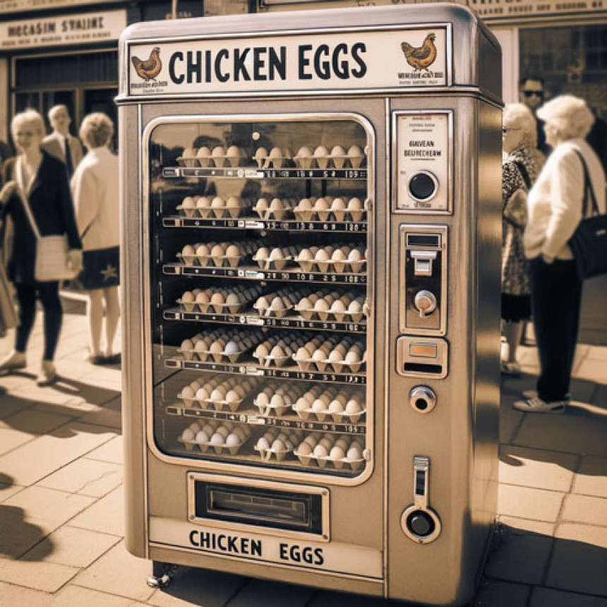 Раритетний автомат з продажу курячих яєць 1955 року в дії