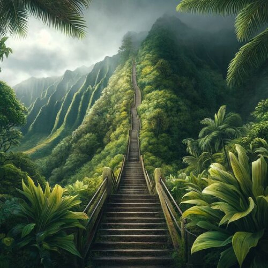 Вид на сходи Хайку, легендарний маршрут на Гаваях